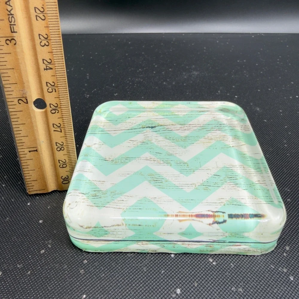 Mint Green Chevron‎ Glass Trinket Dish Square Decorative Jewelry Paperweight VTG